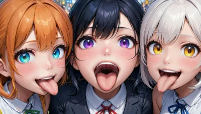 3girls, anime art style, 18yo girl, 3 girl's mouths next to each other, looking at viewer, toward viewer, happy, mouth widely open, tongue all the way out, focus on mouth and tongue, extreme closeup on mouth, uvula, <lora:SDXL_oral_v1-000009:.8>