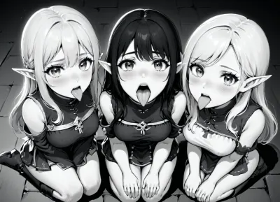 3girls, 18yo girl, elf soldiers, (((submissive expression))), mouth widely open, tongue all the way out, facing viewer, looking at viewer, ((on her knees)), hands on her lap, focus on mouth and tongue, extreme closeup on mouth, from above, (uvula), lineart, LineAniAF, <lora:LineAniRedmondV2-Lineart-LineAniAF:.5>