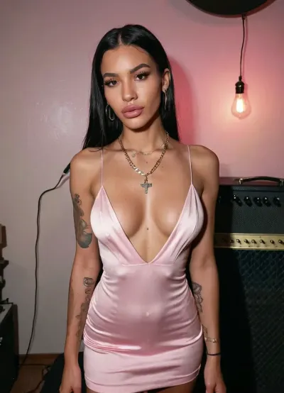 skinny singer, model face, young face, sexy face, cute face, 20 years old, in pink dress, dimly lit room, diamond cuban link necklace, nose ring, tattoos, jewelry, skinny torso, skinny face, skinny neck, plump lips, saggy tits, long legs, in recording studio, raw, lighting, overexposed, harsh, flash, Corinna, bmbplora, <lora:Rawfully Stylish v0.2_epoch_20:.7>, <lora:568214_training_data:.5>, <lora:468206_training_data:.5>, <lora:bimboxl_02:.5>