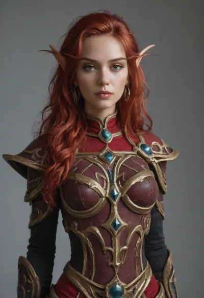 masterpiece, best quality, highly detailed, 4k, octane render, hdr, highly detailed face, blood elf from world of warcraft, ((bloodelf from world of warcraft outfit:1.5)), very long red hair, body view