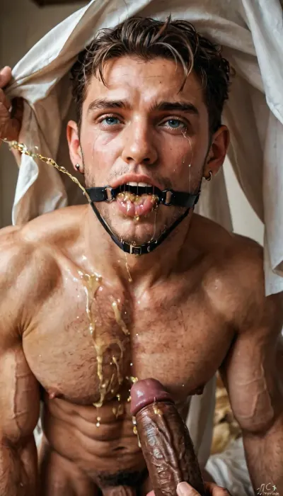A handsome toned man, naked and excited while showing his muscular body with abs and his enormous penis, he sucks on a huge cock, face and body covered in urine and piss, crying, tears down face, mouth gagged with big penis