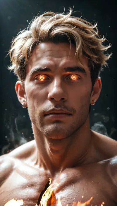 Huge dick male short-haired dark blonde celestial masculine energy walking nude with his etenral flame aura and unique energy signature flowing around him, perfect quality, photorealistic, hyper focus, 8k resolution, clear