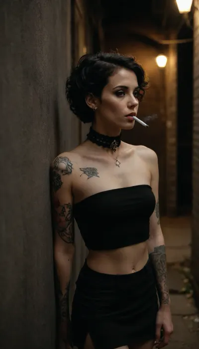 skinny 25 year old latina woman with pale skin, look of contentment, short curly black hair, military cut, goth, short bandeau top, very short mini skirt, neck choker, ear piercings, full body tattoos, tattoo of a skull smoking a cigarette on her left shoulder, in a dark foggy alley of a victorian town, leaning against wall, wide angle, full body visible, top view, view from above, mysterious and brooding atmosphere, dark colors