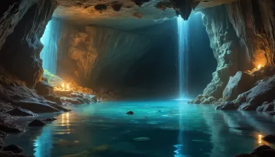 Gorgeous cave. Giant and intricate details. Glistening glowing pools of magical water. Bioluminescent crystals clinging to the cave walls. Garmash. Wlop. Guweiz. Oil paint strokes. Surreal. Outlines. Vivid and surreal crystals and magical water.