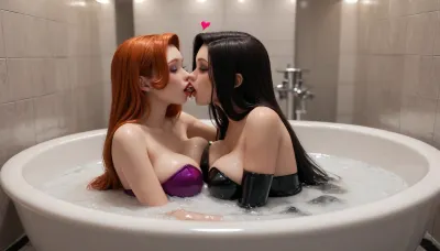 Jessica Rabbit’s body is immersed inside a cum bath in the bathroom facing up while the adult goth girl sits on top of Jessica Rabbit and French kisses and hugs the adult goth girl, Jessica Rabbit from the disney movie "Who Censored Roger Rabbit", Jessica Rabbit has very long ginger hair, Adult goth girl has very long black hair and bodyart black latex dress, (voluptuous), big breasts, hearts, floating hearts, (cum bath), (yuri), girls in cum bath, 2 girls, Goth girl on top of Jessica Rabbit, hugging, caressing