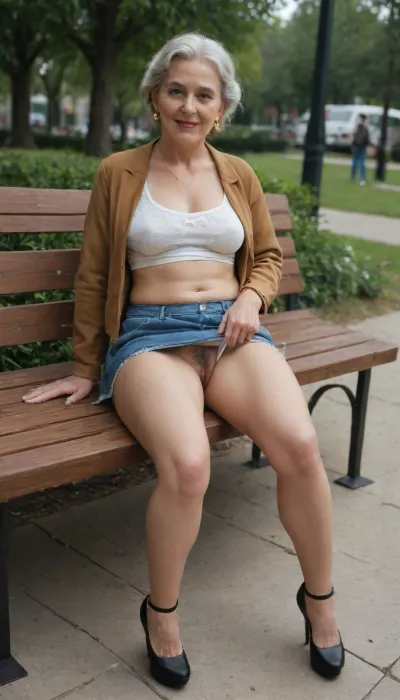 Horny grandma, D dressed in a mini skirt, platform strappy high heels, is lying on a bench in a public park. She is moaned in humiliation as he pushed it into her mouth, trying to keep her teeth away from it, hairy pussy show, panties are pulled sideways, landed strip pussy, nice panties, Grandma is sitting next to the girl on the bench, milf body, 55 year old body, mature body, small breasts, opened jacket