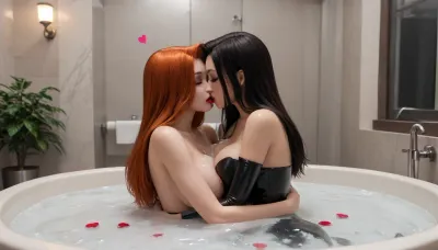 Jessica Rabbit’s body is immersed inside a cum bath in the bathroom facing up while the adult goth girl sits on top of Jessica Rabbit and French kisses and hugs the adult goth girl, Jessica Rabbit from the disney movie "Who Censored Roger Rabbit", Jessica Rabbit has very long ginger hair, Adult goth girl has very long black hair and bodyart black latex dress, (voluptuous), big breasts, hearts, floating hearts, (cum bath), (yuri), girls in cum bath, 2 girls, Goth girl on top of Jessica Rabbit, hugging, caressing