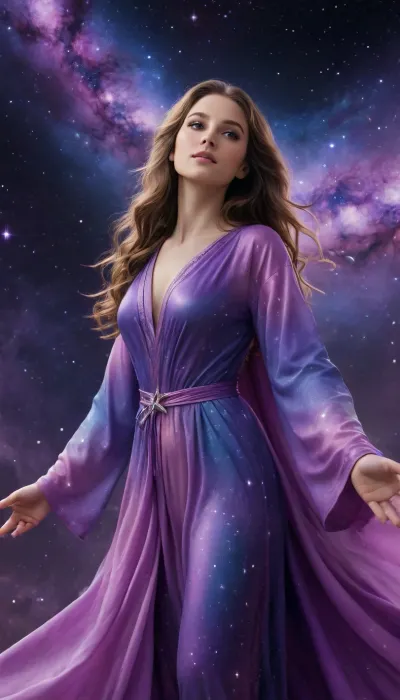 A woman with galaxy-patterned skin, her body covered in a shimmer of stardust. Her violet eyes contain swirling nebulae. She has long, wavy hair shifting between blue, purple, and pink hues. She wears a cosmic robe decorated with glowing stars. She levitates above the ground, holding a small glowing star between her palms. The background is a vast cosmic sky filled with swirling galaxies, (perfcect scaled up:1.5)