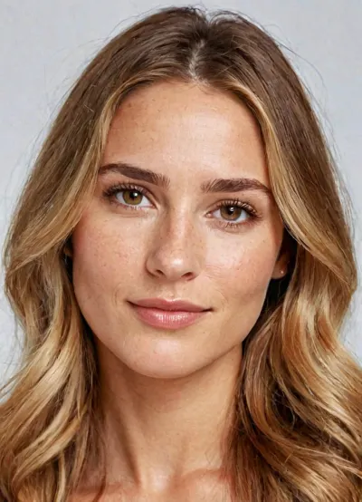 ((32-year-old woman)), realistic facial portrait, ((defined square jawline)), (soft transitions), smooth skin texture with, (visible natural pores), subtle imperfections like fine lines around the eyes and mouth, slight freckles on cheeks, ((straight nose with a gentle curve)), ((almond-shaped hazel eyes)), with a soft natural shine, (medium-thick eyebrows), slightly arched, soft flushed cheeks, ((proportional facial features)), warm and inviting expression, subtle smile, slightly wavy blonde hair framing the face, ((high-resolution details)), cinematic quality, ((natural diffuse lighting)), that highlights skin texture without overexposing, even skin tone with minimal makeup, fine wrinkles barely visible for a natural look, balanced proportions, ((eye spacing proportional to nose width)), nose length proportional to face height, ultra-realistic, ((detailed texture)), sharp and clear focus on the facial features, warm natural tones, photorealistic rendering, ((skin glow subtly enhanced)), to emphasize realism, no heavy CGI or artificial smoothness.