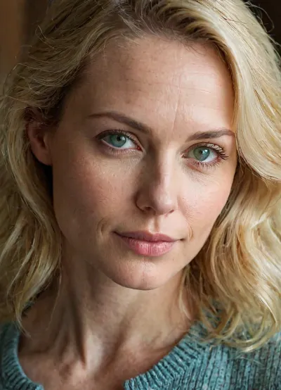 a mature woman, (around 38 years old), (square jawline), 1.5, (sharp facial features), 1.3, visible pores, 1.2, slight skin imperfections, high cheekbones, (subtle asymmetry in her face), (natural pale skin with fine lines), (piercing light blue-green eyes), 2.0, medium-sized nose slightly pointed at the tip, soft smile with slightly plump lips, (light blonde hair with a slightly messy texture), natural lighting, cinematic close-up, realistic texture