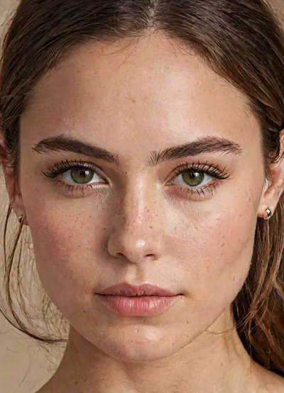 Ultra-detailed realistic portrait of a woman with a strong, square face. The jawline is wide, well-defined, and angular, measuring approximately 13 cm from one side to the other, with a broad chin that is slightly rounded at the bottom, giving a structured and robust appearance. The nose is large, prominent, and tozzo, with a rounded, wide bridge that gently curves downward. The nostrils are flared, adding width at the base, which measures about 3.8 cm, and the tip is bulbous, with subtle natural pores visible across the nose.

The eyes are slightly hooded, almond-shaped, and positioned 2.8 cm apart, (inner corner to inner corner), . The outer corners have a slight downward tilt, creating a natural and slightly tired or relaxed expression. The irises are green-brown with subtle golden flecks, and there are natural, thin lashes framing the eyes. Eyelid creases are faint but visible, especially toward the inner corners. Eyebrows are medium-thick, slightly arched, and textured with visible individual strands, the length spanning approximately 4.5 cm across the brow bone.

The lips are full and natural, with the upper lip slightly thinner than the lower. The upper lip has a well-defined cupid’s bow, while the lower lip has soft vertical creases and a gentle curve, creating a natural, relaxed pout. The corners of the mouth are faintly curved upward, positioned approximately 4.2 cm apart. The philtrum is pronounced, with two soft ridges leading to the cupid’s bow.

The overall face measures 18 cm from the top of the forehead to the bottom of the chin, and the cheekbones are medium height and wide, measuring about 13.5 cm. The cheeks are slightly rounded but not prominent, adding to the square structure of the face. Skin tone is pale with warm undertones, featuring subtle imperfections, visible pores across the nose and cheeks, fine lines around the eyes, and faint redness across the nose bridge and cheeks. Tiny freckles are scattered across the nose and upper cheeks, adding a natural texture.

The hair is light brown with subtle blonde highlights, casually parted in the middle and falling naturally around the shoulders. Strands are slightly coarse and reflect light softly. A silver septum piercing adorns the center of the nose, with small silver earrings visible on the lobes.

Lighting is neutral, indoor, and diffused, highlighting the contours of the jawline and cheekbones while creating soft shadows under the nose and chin. The background is blurred to keep focus on the face.