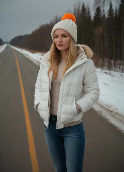 A full, length photo . Winter on the highway in Russia. Russian prostitute Russian experienced mother 44 years old. She has pale skin, a solid build, and is slightly overweight. She has wide athletic hips, big calves, cellulite, natural saggy mini breasts, small saggy tits. Realistic skin texture, blonde unruly straight hair, bob haircut. She is wearing jeans, a sweatshirt, a white down jacket, a long jacket, and an orange hat.