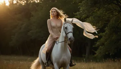 (masterpiece, best quality, highres, photorealistic, solo female, full-body shot, cinematic composition, ultra-detailed face, perfectly symmetrical features, high-definition facial rendering, flawless complexion, (face:1.5), sharp facial details, balanced proportions, realistic physics), a breathtakingly beautiful young woman riding a majestic white horse through a sunlit meadow, soft golden light filtering through the trees, her flowing, ethereal blue gown billowing gracefully in the wind, delicate sheer fabric revealing hints of her toned, slender figure. Her face is exquisitely symmetrical, with perfectly aligned pupils, deep radiant blue eyes reflecting the soft glow of sunlight, high-resolution eye reflections, long dark natural lashes framing her gaze, well-defined full lips with a soft natural curvature, a delicate nose with balanced proportions, and flawless porcelain skin with a smooth, even tone. Subtle fine pores and a gentle blush on her cheeks add to her photorealistic beauty, her lips slightly parted in serene confidence, her platinum blonde hair cascading in voluminous waves over her shoulders, individual strands illuminated by the golden light. Her hands elegantly grip the leather reins, perfectly shaped fingers resting naturally, posture poised with regal grace, the horse’s powerful muscles rippling beneath its gleaming coat as it gallops, dust and petals swirling around them, an enchanted forest stretching into the horizon, faint mist hovering above the dewy grass, sparkling magical particles drifting through the air, soft ambient lighting enhancing the dreamlike atmosphere, ultra-detailed textures in clothing, skin, and environment, 8K resolution, immersive environmental depth, ultra-high detail in fabric, flowing hair, and horse anatomy.
