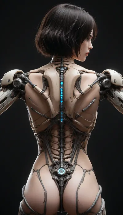 cyborg style, 1girl, solo, black hair, blue eyes, cable, mechanical parts, spine, android, cyborg, science fiction, simple background, black background from behind, high quality, high resolution, <lora:cyborg_style_xl-alpha:.5>