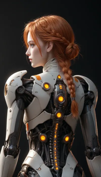 cyborg style, 1girl, solo, orange braided hair, blue eyes, cable, mechanical parts, spine, android, cyborg, science fiction, simple background, black background from behind, high quality, high resolution, <lora:cyborg_style_xl-alpha:.5>