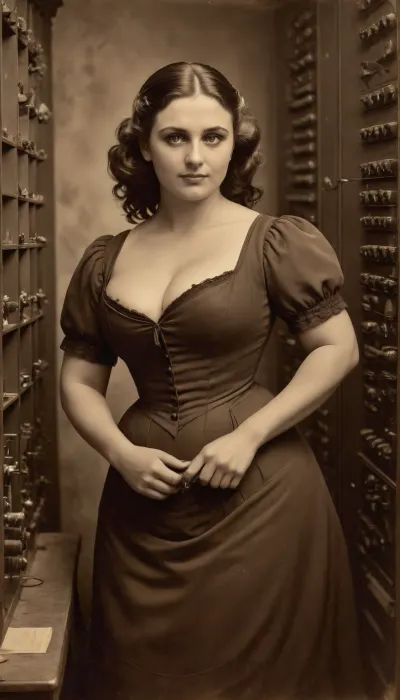 Voluptuous woman, Beautiful telephone operator in the late 1800s is working at a switch station, cleavage is showing, walls are full with telephone switches, perfect face, perfect eyes, she has a happy face, barnumatelier, portrait, art, fullbody, torso, sepia, victorian, dress, Albumen, Print, page, <lora:old_world:.5>, <lora:BarnumAtelier-SDXLa:.9>, <lora:Omnia_Daily_Life-000005:.8>, <lora:victorian_dress-XL-2.0:.5>, <lora:Albumen Print:1>