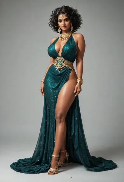 Indian big giant girl who has gigantic body, body hight is 300 meters, giatness body size, wearing an Indian dress full of jewelry and ornaments, bangels, full body cover image, beautiful high heels, <lora:add-detail-xl:.5>, <lora:xl_more_art-full_v1:.5>, <lora:MJ52_v2.0:.5>