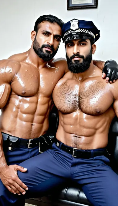 ('Afzal Khan' wearing Pakistani Police uniform and roughly kissing his gorgeous girlfriend sitting on his lap), Very ruggedly handsome Big Muscular Indian Muslim bodybuilder sitting on the recliner in the Office, foot fetish, (Handsome and Hot Muslim hunks with very long beard), dark and rough Muslim men, (40 year old, Muslim, tall muscled Arab Indian dark male, rough, dominant, daddy, (hairy armpits and Chest), bodybuilder, perfect fingers, oily Sweaty body, dilf, Big seductive eyes, Wet body, rain drops, ultra sharp high definition details, pubic hair, professional photography, insanely detailed, RAW photo, HDR, hyper-realistic, cinematic lighting, photo realism, ((Married Muslim Police Men wearing wet sweaty sheer shirt, Police Cap, full length pant)), lustful eyes, menacing attitude)