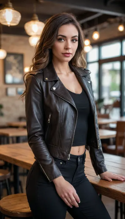 Breathtaking photography of ohwx woman showing her sexy BodyOnly1, large breasts, ultra narrow waist, A portrait of a woman standing in a modern cafe. She wears a black leather jacket with zippers, a black top, and high-waisted black pants with a lace-up detail at the bottom. Her long, straight brown hair flows down her back. She has a confident pose with one hand on her hip and the other resting on her thigh. The cafe has rustic charm with wooden tables, wooden chairs, and hanging pendant lights. The background shows a view of a parking lot and trees. The color palette is dominated by black, brown, and natural wood tones., looking at viewer, eyelashes, fine hair detail, entire hairstyle visible, perfect eyes with iris pattern, sensual lips, nose, (perfectly sharp:1.3), realistic textures, (deep focus:1.5), 8k uhd, dslr, ultra high quality image, film grain, Fujifilm XT3
