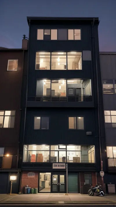 Tacoma docks at night. front view of a small 2 floor warehouse. security cams outside. through the door you can see an Office on the upper floor. in the ground floor a black range Rover, and an Harley Davidson., 3DMM, <lora:3DMM_V12:.5>