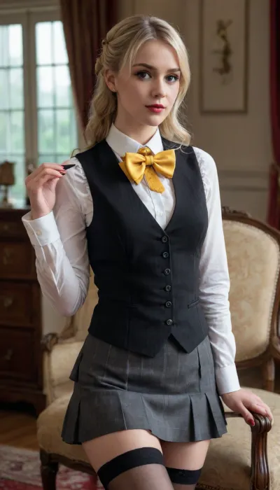 masterpiece, best quality, high score, great score, absurdres, ultra details, realistic, blond hair, helena \, (doa\), low ponytail, forehead, curtain bangs, sidelocks, black hair bow, lace hair bow, standing, hand up, spread fingers, hand on own elbow, looking at viewer, closed mouth, bowtie, dark_red_bowtie, white shirt, ruffled shirt, mandarin collar shirt, sleeveless shirt, shirt under vest, shirt tucked in, yellow patterned lapel, black collared vest, lapel vest, vertical-striped vest, button_, (fastener), dark grey pencil skirt, high-waist skirt, honeycomb_pattern_skirt, white wrist cuffs, fishnet thighhighs, lace-trimmed thighhighs, dark red heels, slingback_heels, crocodile_grain_heels, shoe strip buckle, full body, antique_furniture, elegant chairs, natural lighting, string, indoors