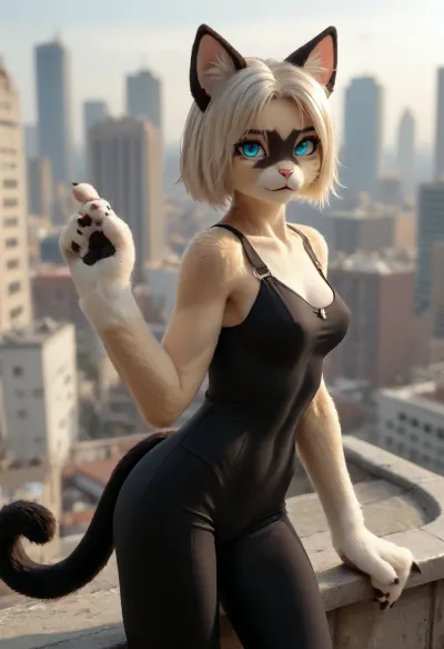 1girl, ((furry feline female on a rooftop)), black cat anthro, looking at viewer, black cat's head, alone, big tits, muscular, thin, slim, abs, small ass, city theme, dingy coveralls, fursuit, <lora:FursuitXL:.6>, <lora:Hegre-Nude_woman-000001:.5>