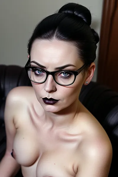 very close up face portrait of naked, nude, angry dominant mistress, front view, naked, 25 years old, black lipstick, ((((25 years old)))), (((very realistic pussy))), retro, 1940s, Nordic sorority, British headmistress, very old, mature 25 years old, gran, grandma, facial wrinkles, 25 years old Nordic mistress dominatrix, with Victorian Edwardian shiny black hair, (((hair bun))), dark blue lipstick, pale skin, (full frame view), angry attitude, arrogant attitude, dominant face, bitchy face, ((Looks disapproving at the camera:1.3)), looking at the viewer, intense stare, look at the viewer, eye contact, looking at camera, gray eyes, 25 years old Victorian British headmistress, striking gray eyes, wearing glasses