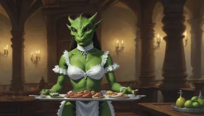 (one woman, Lusty Argonian Maid from Elder Scrolls, green lizard woman, humanoid reptile, small breasts, tail), (inside medieval noble mansion), (wearing french maid outfit), (holding a tray with silverware above chest), (artwork, digital painting, concept art, by syd mead, flat colors), <lora:concept_art_syd_mead:1.5>, <lora:658307_training_data:.5>