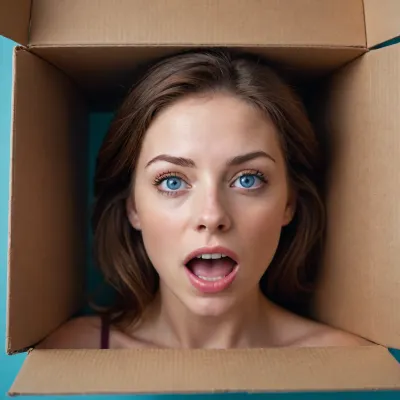 Head in box, brown hair, blue eyes, mouth open