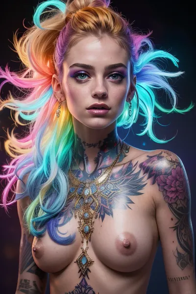portrait of a naked 21 yo woman with an intricate glowing tattoo in brilliant red, purple, blue, neon light. The tattoo covers part of her arm and face, creating a transcendent and supernatural light. The woman's facial expression is calm and focused, with delicate features and hair adorned with elegant accessories, The background is dimly lit, highlighting the neon lights of the tattoo., making his bright tattoos stand out. The general atmosphere is punk, gold, powder, <lora:jin_20231226224140-000002:.5>