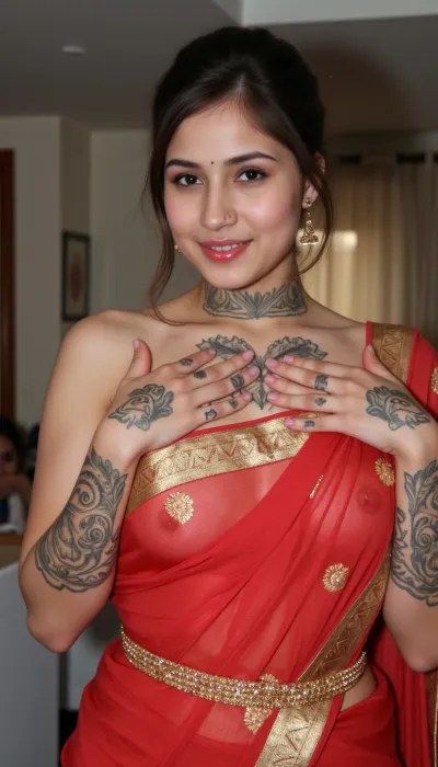 Beautiful bengali wearing a traditional sari, covered in tattoos on both arms and neck