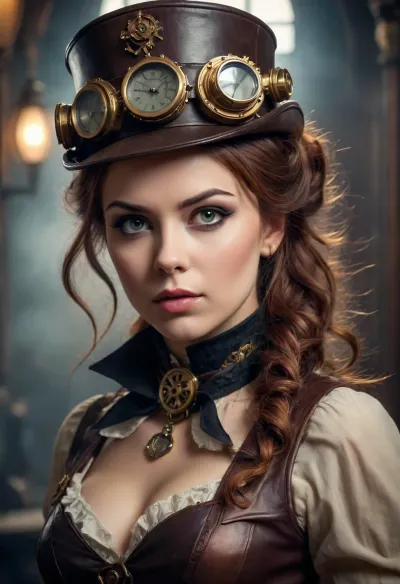 GLAMOUR STEAMPUNK FILM POSTER, GIRL IN STEAMPUNK STYLE, IN THE STYLE OF EPIC MOVEMENT, ANGRY, DYNAMIC COMPOSITION, CINEMATIC COLOR GRADING, STUNNING, PHOTOREALISTIC, CHAOTIC ACTION, INTENSE EMOTION.