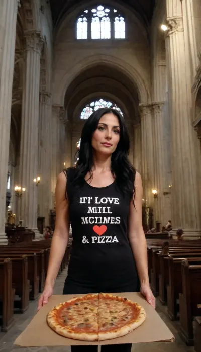 very beautiful italian MILF 40 years old in a summer outfit walking in rome in an old gothic church, she waers a t shirt showing the words "I love Michi Maier", not naked, but sexy dressed, very long black hair, in her rigth hand shw holds a pizza slice