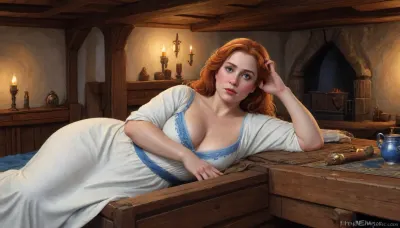 (one woman, Mirabelle Monet from Oblivion, french, mature 40 year old, ginger hair, small breasts, chubby bbw), (wearing white/blue revealing dress with brown bodice on top), (inside medieval wooden inn, laying sideways on medieval bed, leaning head on arm, hand behind head), (other hand holding breast), (artwork, digital painting, concept art, by syd mead, flat colors), <lora:concept_art_syd_mead:1.5>