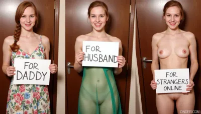 side-by-side three pictures of a young Scottish, slim, woman, with ginger hair, french braid, standing in front of an bathroom door at a restaurant. On the first picture on the left she wears a floral summerdress, and holds a handmade sign with text "FOR DADDY". On the second picture in the middle she wears a green transparent dress, green see-thru dress, and holds a handmade sign with text "FOR HUSBAND". On the third picture on the right she is completely naked, nude, and holds a handmade sign with text "FOR STRANGERS ONLINE".