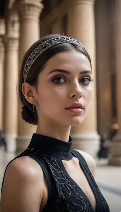 high detailed skin, seductive, detailed eyes, best quality, masterpiece, highres, 8k uhd, dslr, soft lighting, high quality, volumetric lighting, candid, Photograph, high resolution, 4k, 8k, tyndall effect, photorealistic, atmospheric perspective, artistic, unique, award winning photograph, flattering, cinematic, professional, RAW photo, analog, film grain, hazy atmosphere, cinematic shot, hkmagic, aidmafluxpro1.1. A stunning portrait of woman, elegantly posed within the grand halls of an Egyptian museum. Her iconic silver bob-cut hair frames her face, with a sleek black hairband resting just above her eyes. Dressed in her signature black gothic-style outfit with intricate embroidery, she exudes both grace and power. The background showcases towering sandstone columns, ancient statues of Egyptian deities, and golden-hued artifacts bathed in soft, ambient lighting. The contrast between her futuristic android design and the timeless grandeur of the museum creates a striking visual harmony, blending cyberpunk aesthetics with ancient mysticism. Dust particles float in the air, catching the light as 2Bâs piercing gaze, partially obscured by her bangs, adds an air of quiet mystery. Highly detailed.