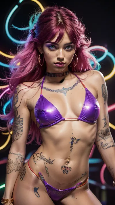 portrait of a 21 yo woman with an intricate glowing tattoo in brilliant red, rainbow color bikini, purple, blue, neon light. The tattoo covers part of her arm and face, creating a transcendent and supernatural light. The woman's facial expression is calm and focused, with delicate features and hair adorned with elegant accessories, The background is dimly lit, highlighting the neon lights of the tattoo., making his bright tattoos stand out. The general atmosphere is punk, gold, powder, <lora:jin_20231226224140-000002:.5>