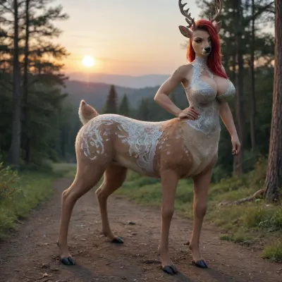 masterpiece, best quality, highly detailed, 4k, highly detailed face, full body view, ((((anthro deer body:1.7), (humantaur with second deer body, four legs:1.5))), (silver lace bodysuit), very very long red hair undercut, Giantic breasts, small hourglass figure, Giantic bigcrotch tattoo), Sunrise, Forest, Long Shot