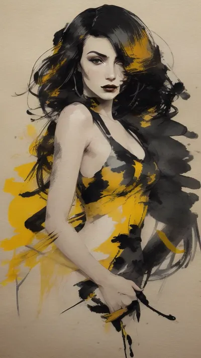 Sketch painting. Old yellowed parchment, ink blots, bold black strokes, female, simple composition, striking usage of minimal red and yellow strokes. touching. kind eyes. elaborate hair. dark makeup