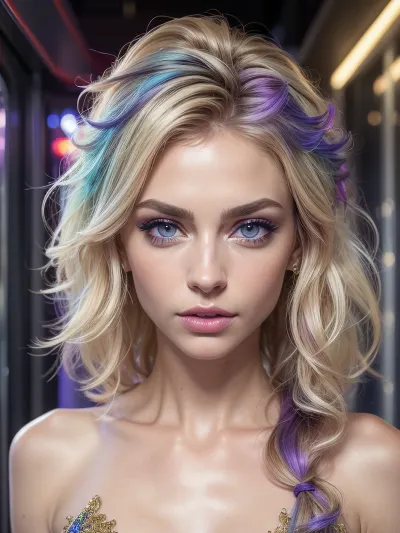 (girl, 18 years old beautiful, stunning unique female character), (rave makeup), (vibrant blue, and blonde hair, ruffled hair), (clear focus), (ultra realistic, realistic, photorealistic, photo realistic, photorealism, photo realism), (maximum quality, ultra-detailed, insanely detailed, highly detailed, high quality, uncompressed, raw source photograph), (highly detailed eyes, high resolution eyes, high quality eyes, highly detailed skin, detailed skin texture, highly detailed hair), (same color eyes, symmetric eyes, matching eyes, detailed eyes, detailed iris, detailed pupils, limbal ring around iris, perfectly round iris, perfectly round pupils), (striking eyes, captivating eyes, mesmerizing eyes, glittering eyes, big eyes, pixie face), russian escort, night club, purple, red, blue, neon, (hotel elevator), <lora:weight_slider_v2:-1>, gold, powder, <lora:jin_20231226224140-000002:.5>