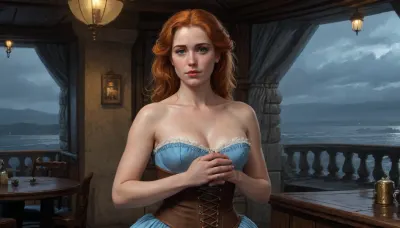 (one woman, Mirabelle Monet from Oblivion, french, mature 40 year old, ginger hair, small breasts, chubby), (inside medieval seaside inn by the docks, dark rainy evening), (wearing sky blue dress with brown laced bodice corset), (hands grabbing breasts), (artwork, digital painting, concept art, by syd mead, flat colors), <lora:concept_art_syd_mead:1.5>