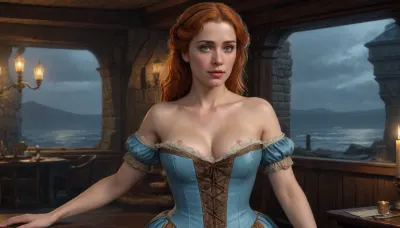 (one woman, Mirabelle Monet from Oblivion, french, mature 40 year old, ginger hair, small breasts, chubby), (inside medieval seaside inn by the docks, dark rainy evening), (wearing sky blue dress with brown laced bodice corset), (hands grabbing breasts), (artwork, digital painting, concept art, by syd mead, flat colors), <lora:concept_art_syd_mead:1.5>