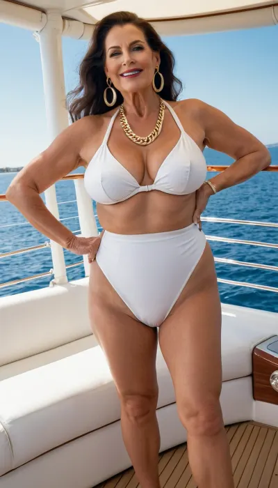 old granny mature, sexy 70 years old, dark brunette, long hair, glamour and fancy lady, big hoop earrings, necklace, curvy chubby, tall, gold necklace, at the yatch, sunny day, looking at the camera, cellulite, huge culottes, naught horny smile face, super very high waisted bikini ever, extreme high waisted white bikini, most high waisted higher waist sexy big bikini, seduction, full body view, sexy high heels, long legs, high heels, side view, showing feet, foot fetish, stand up, back view, huge cameltoe pussy, camel toe big pussy, biggest pussy ever