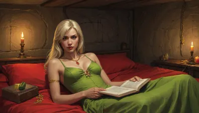 (one woman, Sontaire from Oblivion, high elf, chinese, tanned yellow skin, mature 40 year old, blonde hair, small breasts), (inside medieval basement bedroom, red bed, golden pillows, chains and shackles above bed), (wearing lime green night gown), (lying prone on her stomach on a bed, reading a book), (artwork, digital painting, concept art, flat colors), <lora:Elven_Style_V1:.3>, <lora:concept_art_syd_mead:1.5>, <lora:comic_book_illustration:.7>