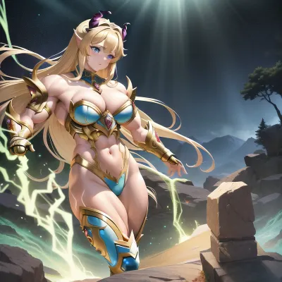 Masterpiece, best quality, absurdres, high res, intricate detail, high detail, cinematic lighting, fantasy 1girl, supermodel, horns, upperbody, armor, move, light rays from top, shining eyes, forest, illustration of a anime girl imagination, hyperrealistic photo by Seebas Apterus and Larry Bell art, blending, smooth, detailed expressions, artstyle, detailed eyes, HDR, UHD, 64k, RTX, sharp, sharp focus, highly detailed, professional, artistic flow, ultra detailed, high resolution photography, (bright colors), SheRaQuiron, character, <lora:quiron_SheRa_V2_lora:.5>, <lora:CFLairFawzi:.5>, SlightMuscle, Bulky, Bodybuilder, HyperMuscle, <lora:Muscle:.5>