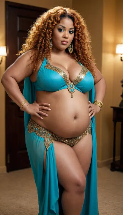 tall super thick ebony woman, chubby obese 30 year old ssbbw, pregnant belly, huge thick thighs, massive bloated belly, huge breasts hh cup, belly dancing costume, long curly ginger hair