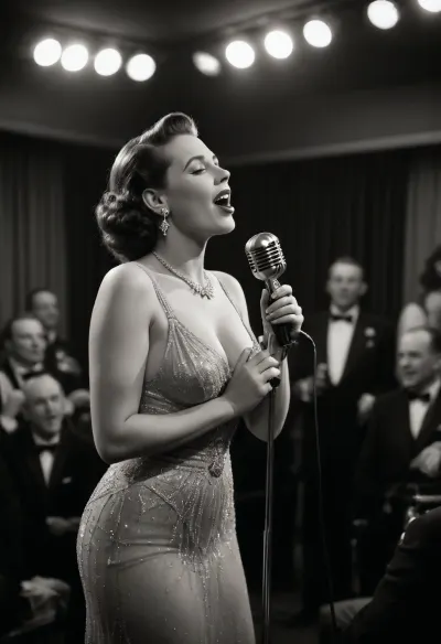 (Chansonette in the 1940s singing in a luxury cabaret), beautiful perfect young girl, famous Cansonette from the 40s, perfect vintage body from the 40s, very amazing giant huge saggy pointy boobs, in a very sexy vintage bright sheer elegant dress, 40's jewelry and earrings, black and white efect photo, perfect detailed singing antique microphone from the 1940s, full deitailed scene complete, in the luxury cabaret, mob of people, (crowd of people having lunch and applauding), (((full body portrait))), (masterpiece), (incredible high quality realistic photo), high quahalflity textures, ultra high definition RAW file, (incredible uhdr), (incredible sharp image)