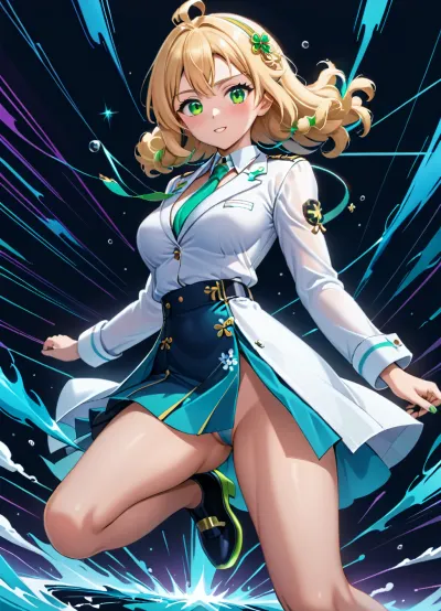 bouncy blonde, (((masterpiece))), (((best quality))), anime style, 2d, anime manga, best quality, Illuminating buxom, (cozy 1girl, solo, of, [Cold, Metal], , :1.3), Jumping, very Charming eyebrows and Absurd chin, Action pose, Trendy hairstyle, [Dark ages, Thai Chinese], DayGlo green Trinkets, ultrafine detailed, Abstract Illusionism, sharp and in focus, artstation, most beautiful artwork in the world, beauty, stands in a lewd sexual position, inspired, dynamic background, dynamic dramatic atmosphere, professional creative, <lora:add-detail-xl:.5>