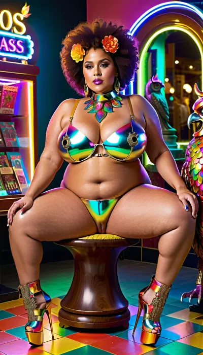 Hyper realistic Full body picture of a very short young small body tan skintone 40 year old fat chubby BBW woman with a realistic afro that is multi colored located in a brightly lit colorful neon public OUTDOOR street corner mall music store with people walking by while surrounded by glowing neon metallic chess pieces on a chess board pattern sidewalk while sitting back on a throne made of glowing metallic marijuana leaves with a glowing neon colorful ornate dragon penis shaped dildo in her pussy, wearing a colorful ornate full skull owl themed luchador facemask, wearing an ornate colorful facemask, wearing bright metallic colorful platform high heels, metallic colorful open breasts bra, short small torso, small perfect hands, short arms, small arms, small shoulders, chubby ribs, no visible ribs, chubby belly, no chest, no cleavage, natural saggy breasts, no muscle, no hips, thin hips, narrow hips, flat ass, short height, colorful metallic choker around neck, oiled looking skin, cellulite on body, WORDSALAD, high detailed, 4k, high resolution body, high resolution face, photorealistic, RAW, (far away view), (full body view), (pussy), (shaved pussy)