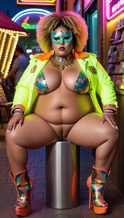 Hyper realistic Full body picture of a very short young small body tan skintone 40 year old fat chubby BBW woman with a realistic afro that is multi colored located in a brightly lit colorful neon public OUTDOOR street corner mall music store with people walking by while surrounded by glowing neon metallic chess pieces on a chess board pattern sidewalk while sitting back on a throne made of glowing metallic marijuana leaves with a glowing neon colorful ornate dragon penis shaped dildo in her pussy, wearing a colorful ornate full skull owl themed luchador facemask, wearing an ornate colorful facemask, wearing bright metallic colorful platform high heels, metallic colorful ornate spiked open jacket top pulled up over tits, short small torso, small perfect hands, short arms, small arms, small shoulders, chubby ribs, no visible ribs, chubby belly, giant natural saggy smooth breast with large wide pale nipples, no muscle, no hips, thin hips, narrow hips, flat ass, short height, colorful metallic choker around neck, oiled looking skin, cellulite on body, WORDSALAD, high detailed, 4k, high resolution body, high resolution face, photorealistic, RAW, (far away view), (full body view), (pussy), (shaved pussy), <lora:220437_training_data:.5>